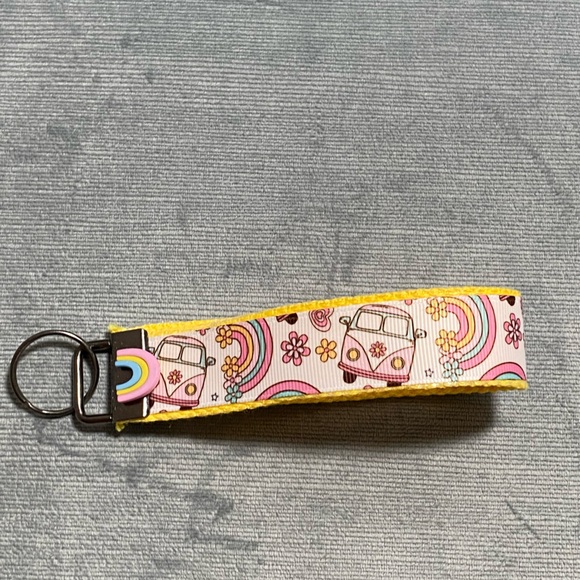 New handcrafted by me 70s VW van, groovy rainbow pastel theme wristlet keychain - Picture 5 of 7